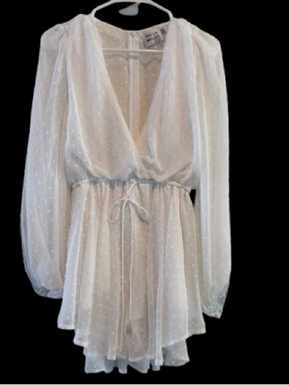 Hello Molly White Sheer Dotted V-Neck Long Sleeve Romper Dress US4
